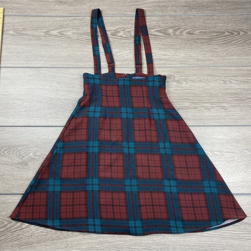 ModCloth Womens Pinafore Skirt Plaid Suspenders Burgundy Teal XS